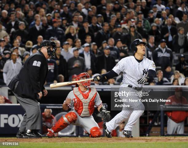 New York Yankees' Hideki Matsui hits 2-run homer in the second inning of World Series Game 6 vs. The Philadelphia Phillies at Yankee Stadium. He had...