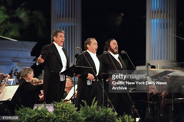 The Three Tenors, Placido Domingo, Jose Carreras and Luciano Pavarotti , perform at Giants Stadium.,