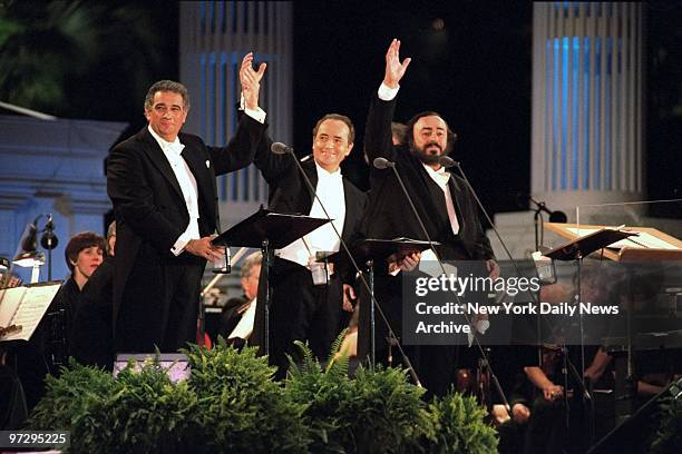 The Three Tenors, Placido Domingo, Jose Carreras and Luciano Pavarotti , perform at Giants Stadium.,