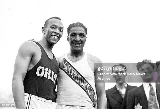 S: Jesse Owens winner of the 100-meter final in Olympic trials at Randalls Island stadium. Ralph Metcalfe was second.