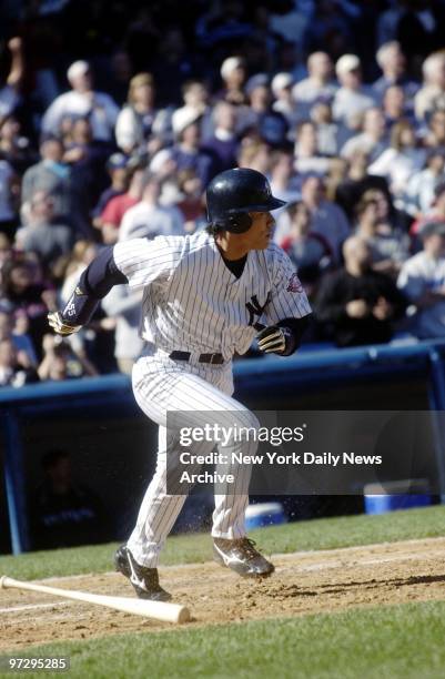 New York Yankees' Hideki Matsui hits a single to left field which scores teammate Todd Zeile during ninth inning of game against the Tampa Bay Devil...