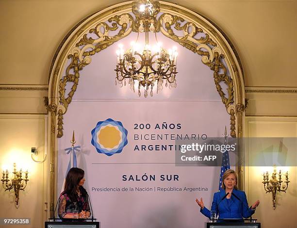 Argentine President Cristina Fernandez de Kirchner and US Secretary of State Hillary Clinton offer a joint press conference after their meeting at...