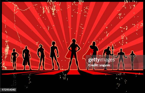 vector retro superhero team silhouette poster - muscle black wallpaper stock illustrations