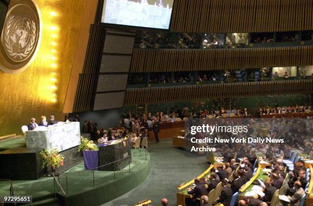 The UN General Assembly chamber is filled with more than 160 world leaders for session of the United Nations World Summit.