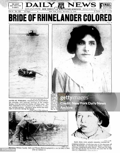 Daily News front page November 14 Headline: BRIDE OF RHINELANDER COLORED, This is exclusive photo of Alice B. Jones, daughter of colored coachman,...