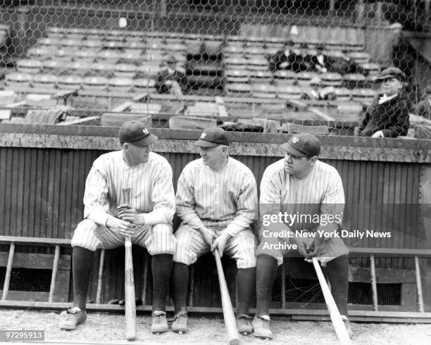 The very first world championship New York Yankees' outfielders Bob Meusel, Whitey Witt and Babe Ruth.