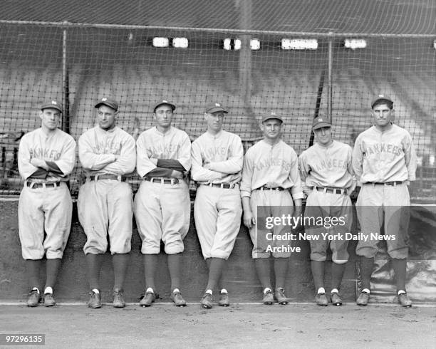 New York Yankees' infield Leo Durocher, Lou Gehrig, Tony Lazzeri, Joe Dugan, Pat Collins, Gene Robertson, and Mark Koeing.