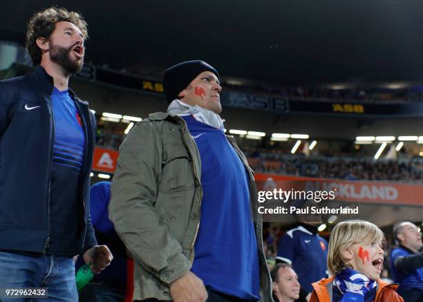 French fans young and old during the Test match between the New Zealand All Blacks and France at Eden Park on June 9, 2018 in Auckland, New Zealand.