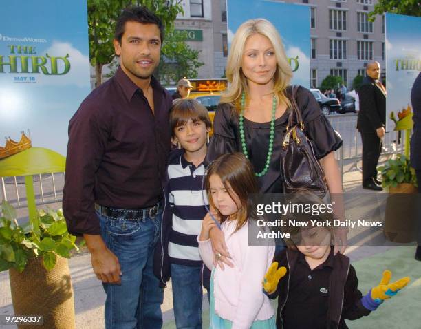 Mark Consuelos, wife Kelly Ripa and their children Michael Joseph, Lola Grace and Joaquin Antonio arrive at the Chelsea West Cinemas for a special...