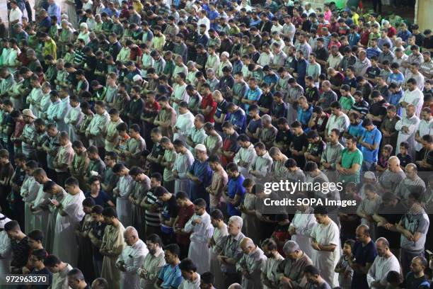 General view from inside the mosque as muslims performs night prayer. Palestinian worshippers attend a night prayer during Laylat Al-Qadr, on the...