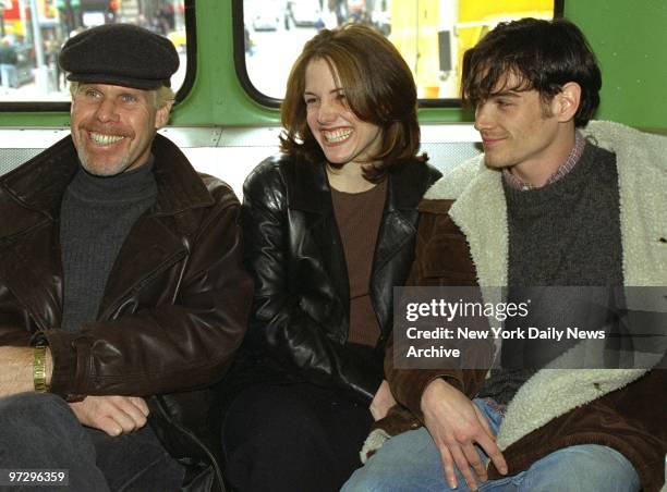 Cast Of Play "Bus Stop" Ron Perlman, Mary-Louise Parker and Billy Crudup on 50's style bus outside Circle In The Square Theater on West 50th Street.