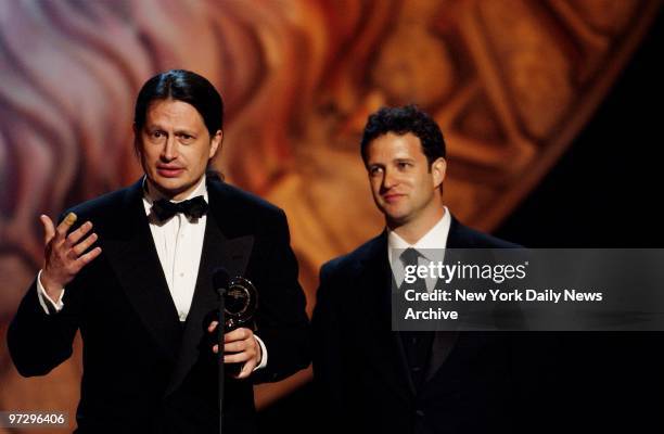 Mark Hollmann and Greg Kotis accept the award for Best Original Score for "Urinetown the Musical" during the 56th annual Tony Awards at Radio City...