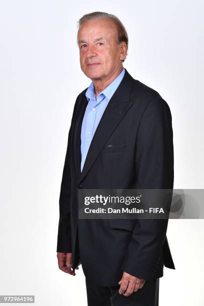 Gernot Rohr, Manager of Nigeria poses for a portrait during the official FIFA World Cup 2018 portrait session on June 12, 2018 in Yessentuki, Russia.