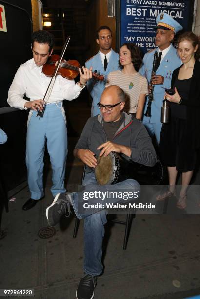 George Abud, AriÕel Stachel and David Yazbek with the Alexandria Ceremonial Police Orchestra during 'The Band's Visit' post-show jam celebrating the...