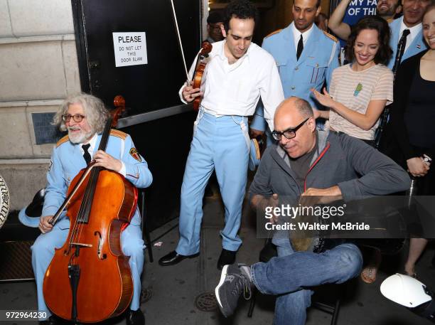George Abud, AriÕel Stachel and David Yazbek with the Alexandria Ceremonial Police Orchestra during 'The Band's Visit' post-show jam celebrating the...