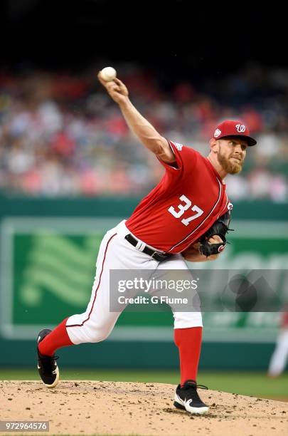 Stephen Strasburg of the Washington Nationals pitches against the San Francisco Giants at Nationals Park on June 8, 2018 in Washington, DC.