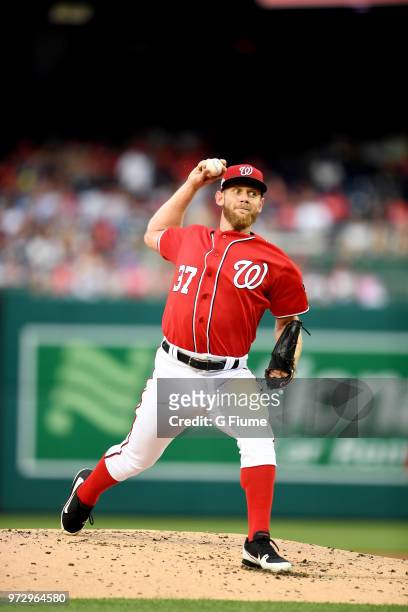 Stephen Strasburg of the Washington Nationals pitches against the San Francisco Giants at Nationals Park on June 8, 2018 in Washington, DC.