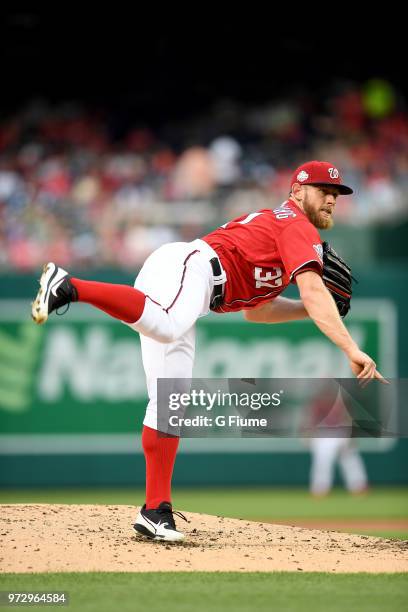 Stephen Strasburg of the Washington Nationals pitches against the San Francisco Giants at Nationals Park on June 8, 2018 in Washington, DC.