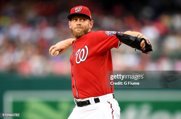 Stephen Strasburg of the Washington Nationals pitches against the San Francisco Giants at Nationals Park on June 8, 2018 in Washington, DC.