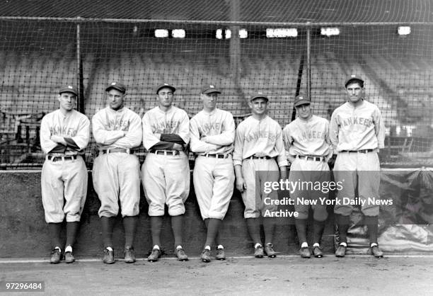 New York Yankees infielders Leo Durocher, Lou Gehrig, Tony Lazzeri, Joe Dugan, Benny Bengough, Gene Robertson, and Mark Koeing at Yankee Stadium.