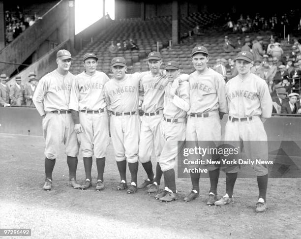 New York Yankees infielders Lou Gehrig, Tony Lazzeri, Pat Collins, Joe Dugan, Gene Robertson, Mark Koeing and Leo Durocher.