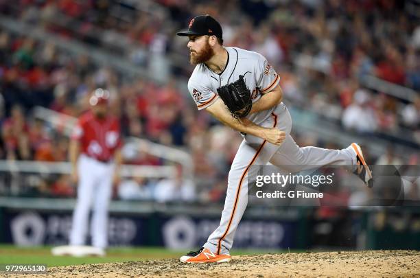 Sam Dyson of the San Francisco Giants pitches against the Washington Nationals at Nationals Park on June 8, 2018 in Washington, DC.