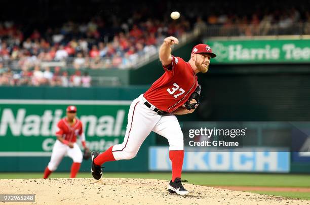 Stephen Strasburg of the Washington Nationals pitches against the San Francisco Giants at Nationals Park on June 8, 2018 in Washington, DC.