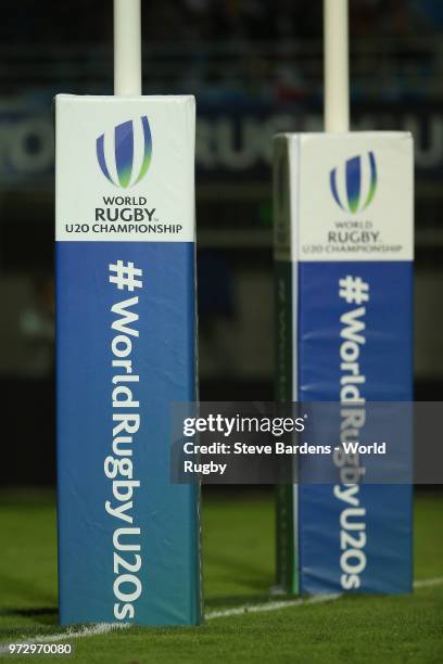 Post pads during the semi final match between New Zealand and France at Stade Aime-Giral on June 12, 2018 in Perpignan, France.