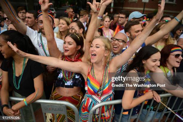 The Capital Pride parade moves along 17th Street in Washington, D.C., June 9, 2018. Thousands each year take to the streets of DC to show their...