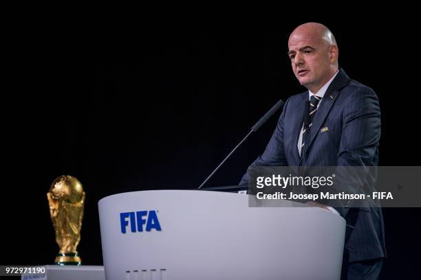 President Gianni Infantino speaks during the 68th FIFA Congress at Expotsentr on June 13, 2018 in Moscow, Russia.