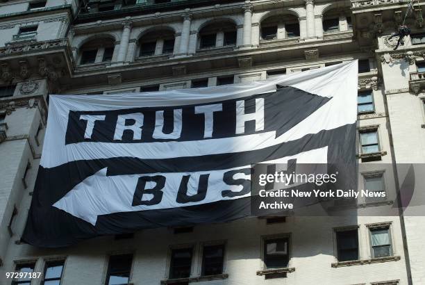 Sign hangs from the facade of the Plaza Hotel, where it was placed by anti-Bush demonstrators. And the Republican National Convention doesn't hit...