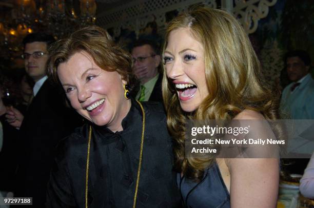 Marsha Mason has a laugh with fellow cast member Rebecca Gayheart at Tavern on the Green during a party celebrating the opening of their play "Steel...