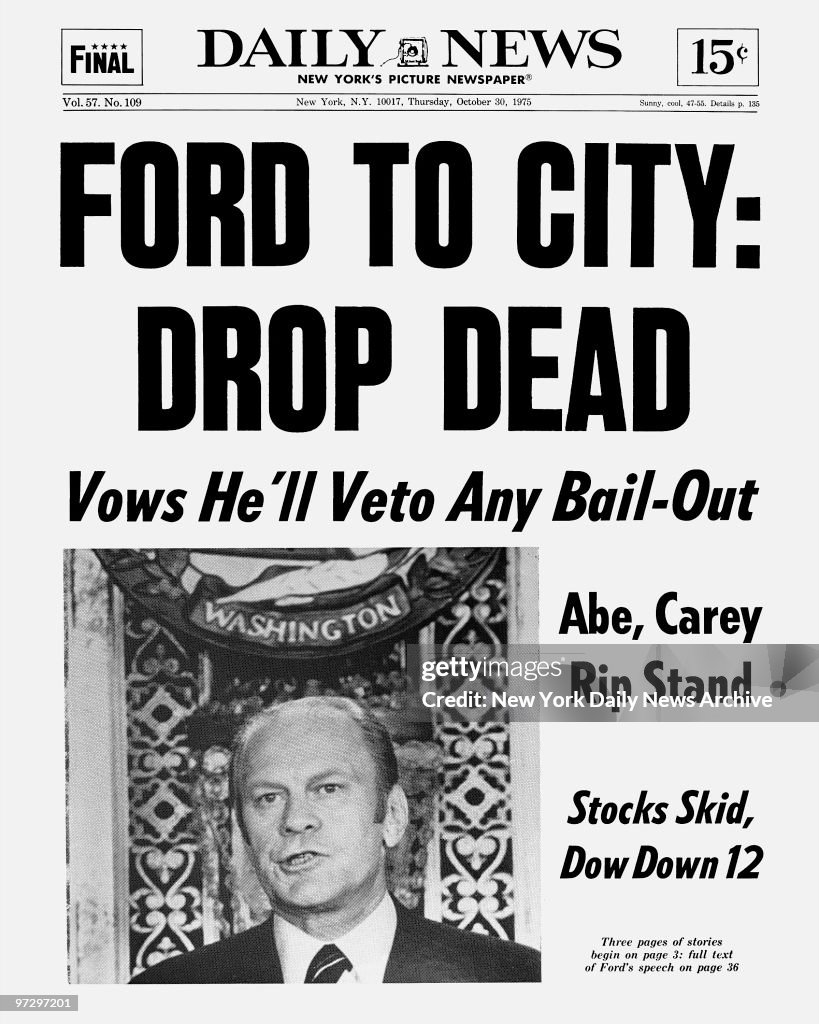Daily News Front page October 30, 1975 Headlines: FORD TO