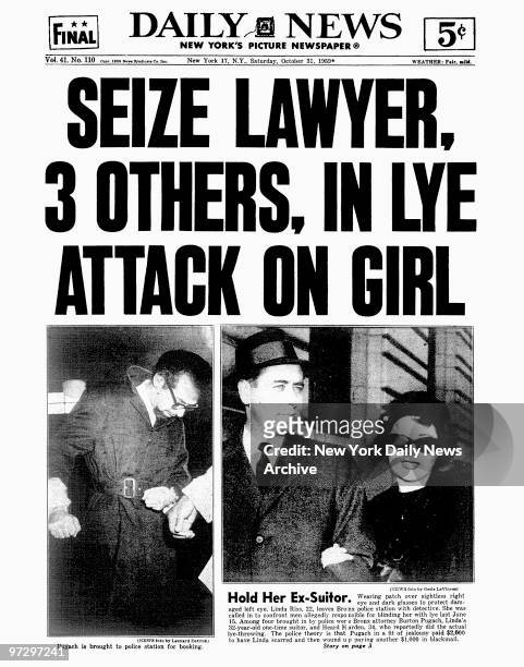 Daily News front page dated Oct. 31 Headline: SEIZE LAWYER, 3 OTHERS, IN LYE ATTACK ON GIRL, Pugach is brought to police station for booking, Hold...