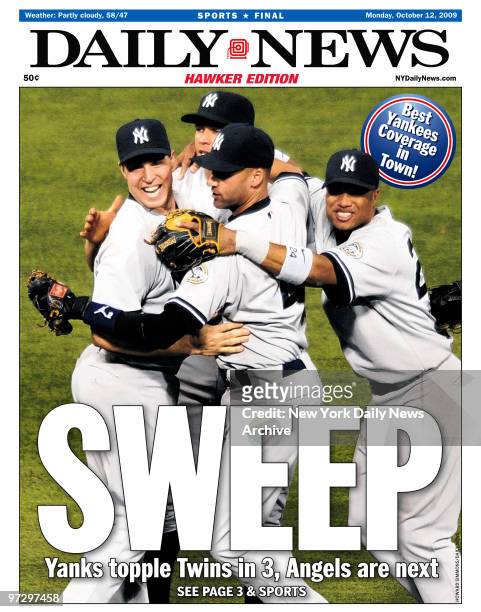 Daily News front page October 12 Headline: SWEEP, Yanks topple Twin in 3, Angels are next, New York Yankees