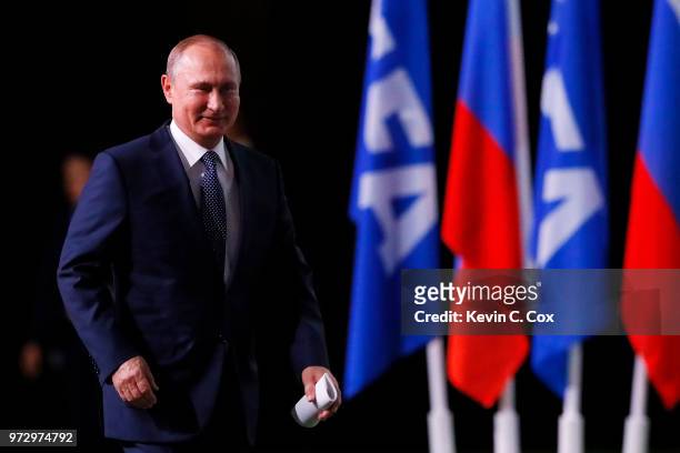 President of Russia, Vladimir Putin walks to the stage during the 68th FIFA Congress at the Moscow Expocentre on June 13, 2018 in Moscow, Russia.