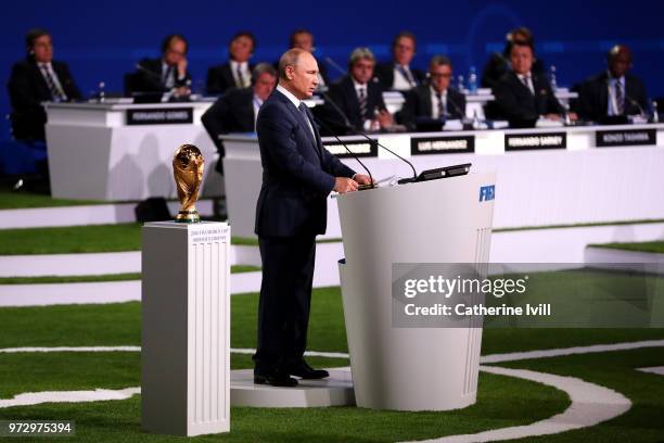 President of Russia, Vladimir Putin addresses the 68th FIFA Congress at the Moscow Expocentre on June 13, 2018 in Moscow, Russia.