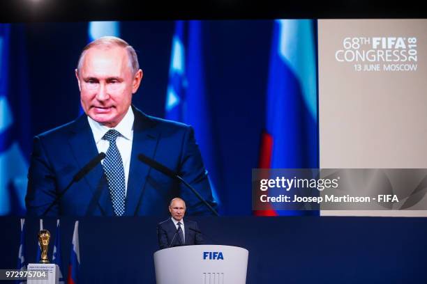 Vadimir Putin speaks during the 68th FIFA Congress at Expotsentr on June 13, 2018 in Moscow, Russia.