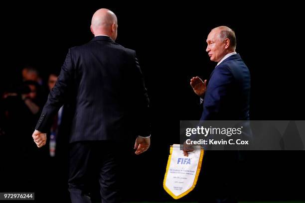 President of Russia, Vladimir Putin and FIFA President Gianni Infantino during the 68th FIFA Congress at the Moscow Expocentre on June 13, 2018 in...