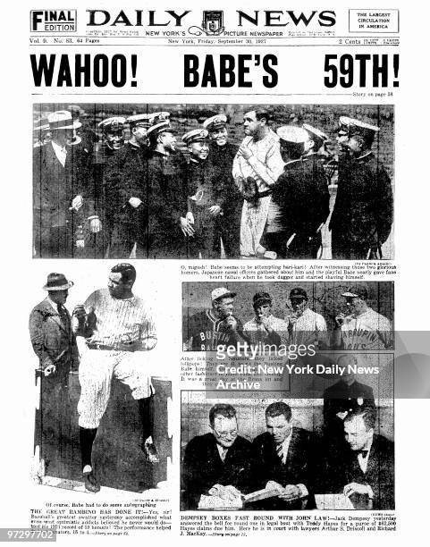 Daily News front page September 30 Headlines: WAHOO! BABE'S 59TH!, New York Yankees The Great Bambino Babe Ruth