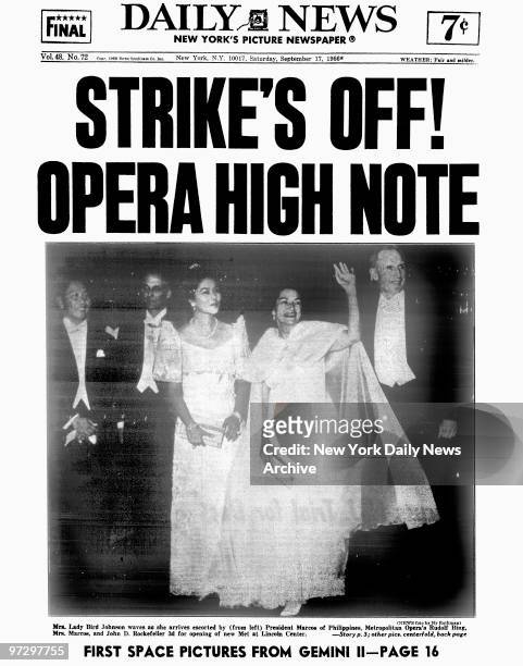 Daily News front page dated September 17 Headline: STRIKE'S OFF HIGH OPERA NOTE, The Center of Attention. , Mrs. Lady Bird Johnson waves to admirers...