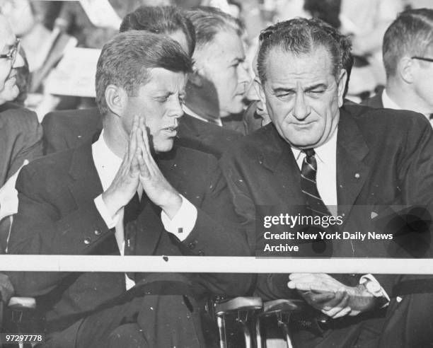 John F. Kennedy and Lyndon B. Johnson before Kennedy's acceptance speech for the presidential race.