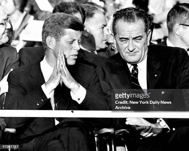John F. Kennedy and Lyndon Johnson before Kennedy's presidential acceptance speech.