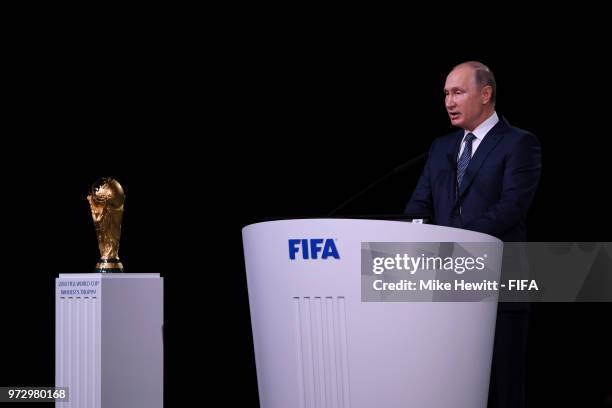 President of Russia, Vladimir Putin addresses the 68th FIFA Congress at the Moscow Expocentre on June 13, 2018 in Moscow, Russia.