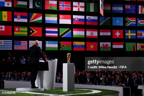 President Gianni Infantino addresses the 68th FIFA Congress at the Moscow Expocentre on June 13, 2018 in Moscow, Russia.