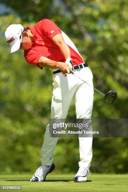 Keita Nakajima of Japan hits his tee shot on the 17th hole during the second round of the Toyota Junior Golf World Cup at Chukyo Golf Club on June...