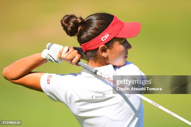 Celeste Dao of Canada hits her tee shot on the 1st hole during the second round of the Toyota Junior Golf World Cup at Chukyo Golf Club on June 13,...