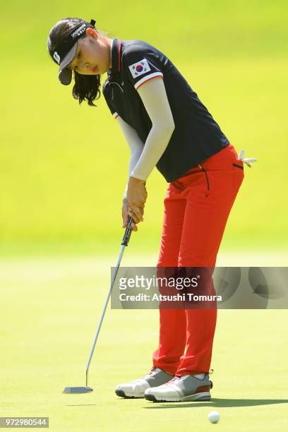 Sujeong Lee of South Korea putts on the 16th hole during the second round of the Toyota Junior Golf World Cup at Chukyo Golf Club on June 13, 2018 in...