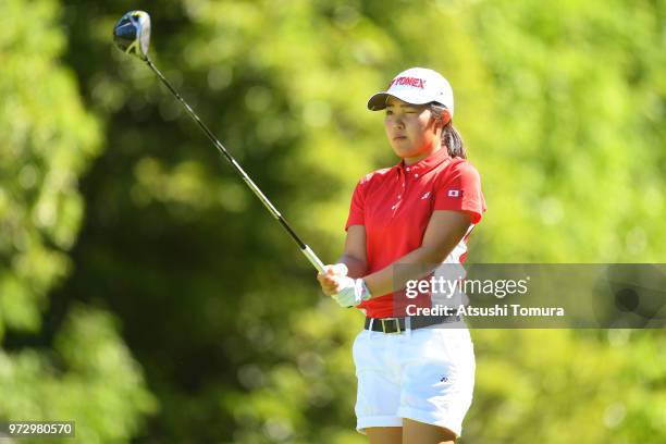 Ayaka Furue of Japan lines up her tee shot on the 3rd hole during the second round of the Toyota Junior Golf World Cup at Chukyo Golf Club on June...