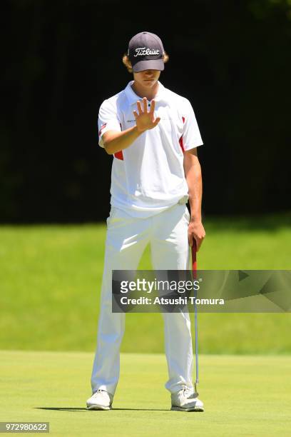 Nicolai Hojgaard of Denmark lines up his putt on the 9th hole during the second round of the Toyota Junior Golf World Cup at Chukyo Golf Club on June...